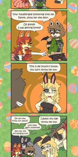 alternative_fashion annoyed anthro armwear black_body black_bottomwear black_clothing black_eyebrows black_fur black_hair black_nose black_shirt black_shorts black_spots black_t-shirt black_tail_tip black_topwear blonde_eyebrows blonde_hair blue_eyes book bottomwear breasts brown_body brown_bottomwear brown_clothing brown_eyebrows brown_eyes brown_fur brown_hair brown_jeans brown_pants brown_tail bullying butt cheek_to_cheek choker clothed clothing crotch_lines denim denim_bottomwear denim_clothing denim_shorts devilish_grin dialogue dipstick_tail drawstring_hoodie dress easter_egg evening_gloves eyebrows eyelashes eyeliner fangs female fishnet_armwear fishnet_clothing fishnet_legwear flat_chested fox_tail fur gesture gloves green_clothing green_hoodie green_panties green_topwear green_underwear grin group hair handwear hanging_from_branch hanging_wedgie high-angle_view holidays hoodie humiliation inner_ear_fluff jeans jewelry legwear long_hair makeup male markings multicolored_body multicolored_fur necklace open_mouth open_smile orange_body orange_eyes orange_fur orange_tail panties pants pink_clothing pink_dress pink_nose pulling_down_pants rabbit_ears raccoon_tail reading reading_book red_clothing red_eyebrows red_eyes red_hair red_panties red_underwear ring_(marking) ringed_tail scut_tail shirt short_tail shorts shoulderless_dress sidewalk silhouette sleeveless_turtleneck smile speech_bubble spots spotted_body spotted_fur striped_markings striped_tail stripes stuck t-shirt tail tail_markings talking_to_another tan_body tan_fur tan_tail_tip teeth text topless topwear tuft two_tone_body two_tone_fur underwear underwear_only undressing waving waving_at_another white_body white_clothing white_fur white_gloves white_handwear yellow_tail young young_anthro young_female young_male bisonvega easter bunny_boy_(bisonvega) cousin_bunny_(bisonvega) fox_girl_(bisonvega) raccoon_gal_(bisonvega) canid canine fox lagomorph leporid mammal procyonid rabbit raccoon 2026 absurd_res comic english_text hi_res