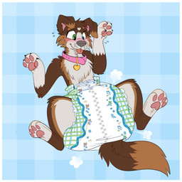 3_toes 4_fingers ambiguous_gender anthro blush blush_lines bodily_fluids border brown_body brown_ear_tips brown_fur brown_tail brown_tail_tip claws clean_diaper clothed clothing cloud_emanata collar collar_tag diaper diaper_puff dipstick_ears dipstick_tail ear_markings emanata feet finger_claws fingers floppy_ears flying_sweatdrops fur gloves_(marking) grey_nose heart_(marking) heart_collar_tag heterochromia leg_markings markings multicolored_body multicolored_ears multicolored_fur pattern_background pawpads pink_collar pink_inner_ear pink_pawpads plaid plaid_background simple_background smile socks_(marking) solo sweat sweatdrop tail tail_markings tan_body tan_fur toes tongue tongue_out wearing_diaper whisker_spots white_border jupiters furvie_(furvie) canid canine canis domestic_dog mammal 1:1 2022 hi_res