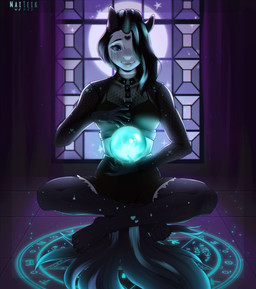 5_fingers alternative_fashion anthro black_body black_fur black_hair bottomwear clothed clothing crop_top denim denim_bottomwear denim_clothing denim_shorts detailed_background fashion female fingers fishnet_clothing fishnet_shirt fishnet_topwear floating fur goth hair harness heart_(marking) heart_symbol holidays horn magic magic_circle magic_user markings pose shirt shorts sitting smile solo topwear translucent translucent_clothing witch conditional_dnp maiteik halloween hasbro my_little_pony mythology fan_character equid equine horse hybrid mammal mythological_creature mythological_equine pony unicorn 2022 absurd_res digital_media_(artwork) hi_res pinup