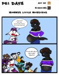 anthro babysitter belly big_belly big_breasts breasts butt canid canine canis chimangetsu clothed clothing comic digital_media_(artwork) domestic_dog electra_(chimangetsu) english_text female group hair hi_res mammal open_mouth pregnant purple_hair sherri_mayim simple_background technicolorpie text tongue young young_anthro