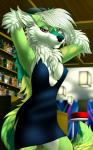 2018 5:8 anthro breasts brown_eyes canid canine cleavage clothed clothing digital_media_(artwork) dress female fox fur green_body green_fur hi_res mammal nipple_outline smile solo standing tales_foxdale