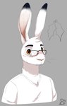 accidental_holly anthro blush clothing eyewear fur glasses hair holly_(plant) male plant shirt solo t-shirt topwear white_clothing white_shirt white_t-shirt white_topwear serpentess jerry_(serpentess) hare lagomorph leporid mammal rabbit 2024 absurd_res hi_res sketch watermark