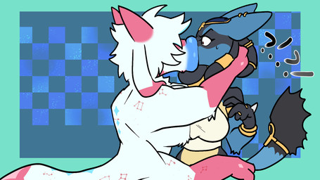 2_fingers 4_arms anthro black_body blue_background blue_body blue_lips breasts clothing crop_top donut_mouth duo eyeless female fingers fur grabbing_head green_background head_grab horn hyper hyper_lips kiss_on_lips kissing lips male male/female multi_arm multi_limb pink_body pink_fur shirt simple_background thick_lips topwear white_body white_fur midnite_fsnax nintendo pokemon rox_(midnite_fsnax) bovid bovid_taur caprine caprine_taur generation_4_pokemon goat goat_taur hybrid lucario mammal mammal_taur pokemon_(species) tardigrade tardigrade_taur taur 16:9 hi_res widescreen trans_(lore) trans_man_(lore)