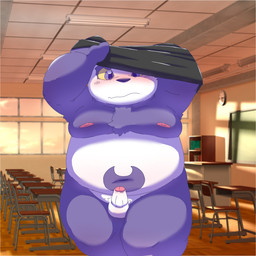 anthro balls belly blush classroom clothing erection foreskin genitals humanoid_genitalia humanoid_penis inside kemono male moobs navel nipples overweight overweight_male penis purple_body retracted_foreskin school solo undressing white_body young young_anthro young_male ryuryutwins lifewonders tokyo_afterschool_summoners alp_(tas) bear giant_panda mammal 1:1 2022 hi_res