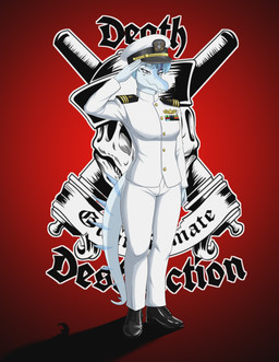 anthro biped blue_body blue_hair bottomwear breasts clothed clothed_anthro clothed_female clothing female fingers footwear front_view furgonomic_bottomwear furgonomics gesture grey_eyes hair half-closed_eyes hat headgear headwear highlights_(coloring) jacket logo looking_at_viewer markings medium_breasts narrowed_eyes navy_uniform non-mammal_breasts pants plantigrade pose purple_hair red_background salute shadow shoes short_hair simple_background smile smirk solo spiked_tail spikes spikes_(anatomy) standing striped_markings stripes tail topwear white_bottomwear white_clothing white_jacket white_pants white_topwear jaaayyaaay goodbye_volcano_high ko_op_(game_developer) nick_(gvh) baryonyx dinosaur prehistoric_species reptile saurischian scalie spinosaurid theropod absurd_res colored full-length_portrait hi_res portrait shaded