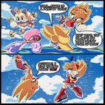 anthro black_border border clothing cloud female flying glowing group islands male male/female narrow_hips pronounced_browridge sea shoreline sky skyscape speech_bubble super_form thin_calves thin_legs thin_thighs water blue_archer_(artist) sega sonic_the_hedgehog_(series) amy_rose knuckles_the_echidna miles_prower sonic_the_hedgehog super_amy_rose super_knuckles super_sonic super_tails avian bird eulipotyphlan hedgehog mammal 1:1 absurd_res colored hi_res