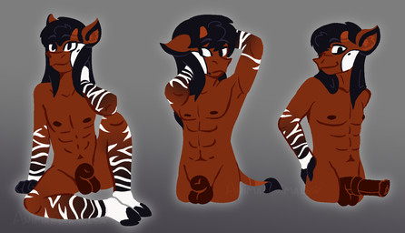 abs animal_genitalia animal_penis anthro black_hair equine_genitalia equine_penis fingers genitals hair hand_on_butt hand_on_neck hands_behind_back hooved_fingers hooves horn long_hair male markings mole_(marking) nipples nude ossicone penis solo striped_body stripes tasteful_nudity animaanimals pablopoquel_(animaanimals) giraffid mammal okapi hi_res