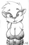 anthro big_breasts breasts cleavage clothed clothing female hair looking_at_viewer midriff nipple_outline piercing short_hair simple_background solo tongue tongue_out tongue_piercing white_background drake_fenwick honei badger mammal mustelid musteline black_and_white hi_res monochrome sketch