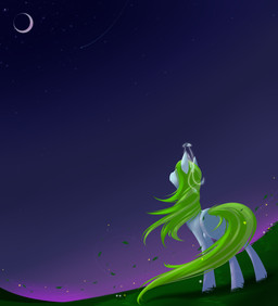 ambiguous_gender detailed_background duo female feral grass looking_up moon night outside plant sky standing star starry_sky wind alphaaquilae hasbro my_little_pony fan_character equid mammal spirit 2015 absurd_res hi_res