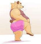 belly belly_tuft bodily_fluids butt clothed clothing exercise feet fur male overweight overweight_male simple_background solo sweat tan_body tan_fur tuft workout bearwithabroom brum bear mammal hi_res