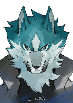 anthro biped black_clothing black_collar black_nose blue_body blue_eyes blue_fur cheek_tuft clothed clothed_anthro clothed_male clothing coat collar facial_tuft front_view fur looking_at_viewer male neck_tuft serious_face simple_background solo topwear trenchcoat tuft white_background white_body white_fur juliathedragoncat brand_new_animal studio_trigger shirou_ogami canid canine canis mammal wolf 2026 bust_portrait digital_drawing_(artwork) digital_media_(artwork) hi_res portrait signature