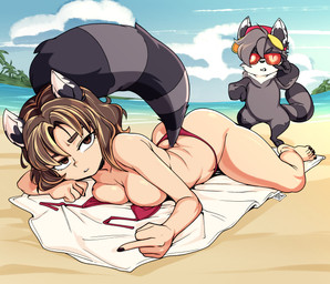 3_toes 4_fingers 5_fingers 5_toes ambiguous_anthro ambiguous_gender animal_ears animal_tail anthro barefoot beach beach_blanket beach_towel being_watched bikini bikini_top_removed biped black_fingernails black_nails black_toenails blonde_highlights blue_sky breast_squish breasts brown_eyebrows brown_eyes brown_hair butt cheek_tuft clothed clothing cloud colored_nails countershade_face countershade_fur countershade_neck countershading day detailed_background dipstick_ears duo ear_markings eyebrows eyelashes eyewear facial_tuft featureless_crotch feet female female_humanoid fingernails fingers flipping_viewer_off fur fur_tuft furgonomics gesture gesturing_at_viewer grey_body grey_ears grey_eyebrows grey_fur grey_hair grey_inner_ear grey_markings grey_stripes grey_tail grey_tuft hair hand_gesture hat head_tuft headgear headwear heart_sunglasses highlights_(coloring) iris larger_female larger_humanoid latina light_body light_skin long_tail looking_at_another looking_at_viewer lying lying_on_ground markings medium_breasts medium_hair middle_finger mostly_nude mostly_nude_ambiguous mostly_nude_anthro multicolored_body multicolored_ears multicolored_fur multicolored_inner_ear nails neck_tuft on_front on_ground open_mouth outside palm_tree pivoted_ears plant plantigrade raccoon_tail raised_tail red_bikini red_clothing red_eyewear red_hat red_headwear red_sunglasses red_swimwear ring_(marking) ringed_tail sand sea seaside semi-anthro short short_anthro short_hair size_difference skimpy sky smaller_ambiguous smaller_anthro squish standing striped_body striped_fur striped_markings striped_tail stripes sunglasses swimwear tail tail_markings tan_body tan_skin thick_thighs toenails toes topless topless_female topless_humanoid towel tree tuft two-piece_swimsuit two_tone_hat two_tone_inner_ear undressing water white_body white_countershading white_ear_tips white_fur white_inner_ear white_sclera white_tuft yellow_clothing yellow_hat yellow_headwear youtuber sdamhp miko's_trash_can animal_humanoid humanoid mammal mammal_humanoid procyonid procyonid_humanoid raccoon raccoon_humanoid absurd_res hi_res shaded