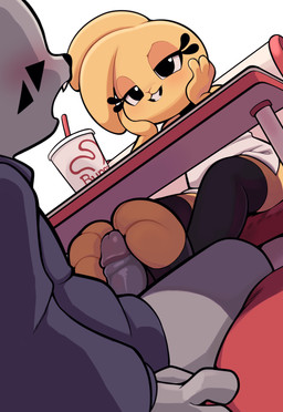 anthro anthro_on_anthro biped clothed clothing duo eyelashes feet female female_anthro fingers foot_fetish foot_play footjob furniture genitals humanoid_genitalia interspecies legwear male male/female male_anthro penile penis pupils sex simple_background sitting smile table thick_thighs thigh_highs three-quarter_view under_table under_table_footjob gaturo bonita_(gaturo) marte_(gaturo) domestic_cat felid feline felis lagomorph leporid mammal rabbit hi_res