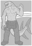 5_fingers anthro big_muscles bottomwear clothed clothing fingers fish_tail footwear long_pants looking_at_viewer male muscular muscular_anthro muscular_male navel nipples open_mouth pants plantigrade raised_arm sharp_teeth shoes solo standing tail teeth thick_tail topless topless_anthro topless_male snarkysardine fish marine prehistoric_species xiphactinus 2018 full-length_portrait hi_res monochrome portrait