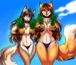 anthro bikini breasts brown_hair clothed clothing collar convenient_censorship countershade_face countershade_torso countershading day detailed_background duo female food fruit fur hair heart_pendant looking_at_viewer multicolored_body multicolored_fur navel navel_pendant navel_piercing orange_body orange_fur outside piercing pineapple plant purple_eyes sky smile swimwear thigh_gap topless topless_female two-piece_swimsuit two_tone_body two_tone_fur white_body white_countershading white_fur sdark391 gillian tamara_fox canid canine canis coyote fox hybrid mammal 2020 digital_media_(artwork) hi_res daughter_(lore) mother_(lore) mother_and_child_(lore) mother_and_daughter_(lore) parent_(lore) parent_and_child_(lore) parent_and_daughter_(lore)