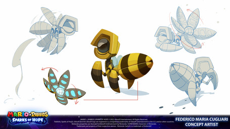 1_eye ambiguous_feral ambiguous_gender black_eyes brown_stripes copyright_symbol directional_arrow feral flying half-closed_eyes light machine metallic_body mouthless multicolored_body narrowed_eyes noseless quadruped simple_background solo squint standing striped_body stripes symbol text title white_background year yellow_body federico_maria_cugliari mario_plus_rabbids_sparks_of_hope nintendo ubisoft arthropod bee hybrid hymenopteran insect robot robot_feral 16:9 2022 4k absurd_res adobe_photoshop_(artwork) artist_name colored concept_art crossover digital_drawing_(artwork) digital_media_(artwork) english_description english_text hi_res lighting official_art shaded widescreen
