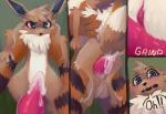 anthro anthro_on_anthro anthrofied arcanine balls blush bodily_fluids brown_body brown_fur canid canine clitoris comic cum dialogue duo eevee english_text female fur generation_1_pokemon genital_fluids genitals grimart grinding hi_res long_ears male male/female mammal nintendo nude open_mouth penis pokemon pokemon_(species) pussy sex size_difference tapering_penis teal_eyes text