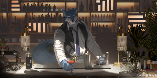 alcohol anthro bar beverage black_clothing black_nose black_topwear black_vest blue_body blue_eyes blue_fur blue_necktie bottle bottomwear cheek_tuft clothed clothing cocktail container facial_tuft front_view fur grey_bottomwear grey_clothing grey_pants head_tuft inside looking_at_viewer loose_necktie male male_anthro mouth_closed necktie pants solo standing topwear tuft vest white_body white_clothing white_fur white_topwear awaldkize canid canine mammal absurd_res hi_res
