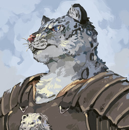 ambiguous_gender anthro armor blue_eyes breastplate ears_up fur fur_markings grey_body grey_fur looking_forward markings outside sky solo spaulder whiskers babanasaur felid mammal pantherine snow_leopard 2020 absurd_res bust_portrait digital_media_(artwork) hi_res portrait signature