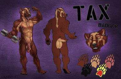 anthro balls black_nose brown_body brown_fur butt ear_piercing exercise facial_piercing fangs flaccid foreskin front_view fur gauged_ear genitals humanoid_genitalia humanoid_penis looking_at_viewer looking_back looking_back_at_viewer male male_anthro multiple_piercings muscular muscular_anthro muscular_male nipple_piercing nipple_ring nipples nose_piercing nose_ring nude open_mouth penis piercing rear_view red_eyes red_penis retracted_foreskin ring_piercing septum_piercing septum_ring simple_background solo standing tan_balls tan_body tan_fur teeth text tongue tongue_out weightlifting workout yellow_sclera chumbasket badger mammal mustelid musteline artist_name hi_res model_sheet