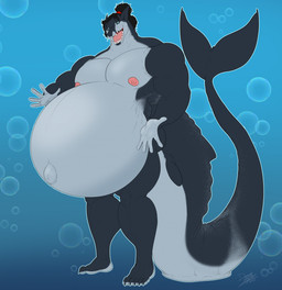 anthro big_muscles big_pecs blue_eyes hair hair_bun hyper hyper_pregnancy long_tail male muscular muscular_anthro muscular_male navel nipples outie_navel pecs pink_nipples pregnant pregnant_male presenting_belly solo tail water_background whale_tail_(animal_tail) drazenvayne archaeocete basilosaurid basilosaurus cetacean mammal marine prehistoric_species whale hi_res