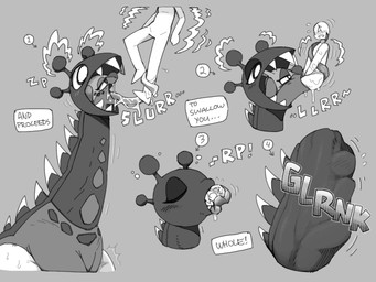 duo female feral grey_background human_prey male neck_bulge oral_vore sharp_teeth simple_background swallowing teeth text tongue tongue_out vore shyguy9 nintendo pokemon anon farigiraf generation_9_pokemon human mammal pokemon_(species) 2022 4:3 hi_res monochrome