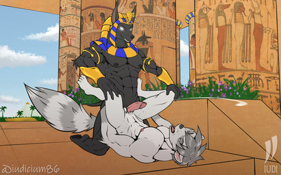 abs anal anal_orgasm anal_penetration anthro armlet armpit_hair balls black_body black_fur black_hair black_nipples black_nose bodily_fluids body_hair bracelet clothing cloud column cum cum_while_penetrated day duo egyptian egyptian_clothing egyptian_headdress ejaculation eye_contact eyebrows fangs flower from_front_position fur genital_fluids genitals glowing glowing_eyes gold_(metal) gold_jewelry grass grey_body grey_eyebrows grey_fur grey_hair hair hand_on_knee hand_on_leg hands-free hands_on_knees hands_on_legs humanoid_genitalia humanoid_penis jewelry kneeling looking_at_another lying male male/male male_penetrated male_penetrating male_penetrating_male missionary_position muscular muscular_male nipples on_back open_mouth orgasm palm_tree pecs penetration penis pillar pink_nipples pink_penis plant plantigrade pyramid sex shrub sky smile striped_body striped_fur stripes teeth temple tongue tree wall_art iudicium86 egyptian_mythology middle_eastern_mythology mythology anubis anubian_jackal canid canine canis deity jackal mammal procyonid raccoon 16:10 hi_res widescreen