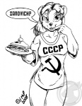 anthro bottomless bottomless_anthro bottomless_female clothed clothing female food hammer_and_sickle russian sandvich_(team_fortress_2) sandwich_(food) shirt solo soviet_union text text_on_clothing text_on_shirt text_on_topwear topwear brian_mcpherson team_fortress_2 valve bear mammal 2008 greyscale monochrome russian_text translated