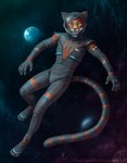 anthro armor blue_markings brown_body brown_fur clothed clothing fangs floating fully_clothed fur grey_clothing hair headgear helmet intersex-inclusive_progress_pride_colors lgbt_pride long_tail looking_at_viewer male markings name_plate orange_eyes orange_markings pink_nose planet pride_colors pupils rainbow_flag rainbow_pride_colors rainbow_pride_flag rainbow_symbol red_hair slit_pupils smile solo space spacesuit spots spotted_body spotted_fur star tail teeth white_body white_fur himeragoldtail ashnu felid mammal prehistoric_species saber-toothed_tiger 2025 hi_res