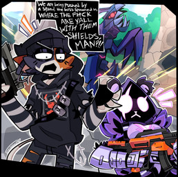 armor assault_rifle beanie bottomwear breasts clothing denim denim_bottomwear denim_clothing detailed_background eyeshadow female flat_chested gauntlets gloves group gun handgun handwear hat headgear headwear jeans makeup pants pistol profanity ranged_weapon rifle scar sweater text topwear trio weapon siris_the_virus epic_games fortnite bug_queen_(fortnite) meow_skulls raven_team_leader arthropod calico_cat domestic_cat felid feline felis mammal 2025 digital_drawing_(artwork) digital_media_(artwork) english_text hi_res