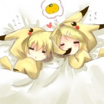 blonde_hair cosplay duo eyes_closed female food fruit fur hair heart_symbol male orange_(fruit) pikachu_onesie plant sleeping tail yellow_body yellow_fur young mitsu_yomogi nintendo pokemon vocaloid kagamine_len kagamine_rin generation_1_pokemon mammal pikachu pokemon_(species) rodent 1:1 low_res brother_(lore) brother_and_sister_(lore) sibling_(lore) sister_(lore)