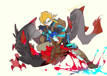ambiguous_gender back_spikes black_body black_scales blonde_hair blood blue_eyes bodily_fluids claws clothed clothed_humanoid clothed_male clothing duo ear_piercing ear_ring empty_eyes feral gore hair head_impalement horn impalement male master_sword melee_weapon open_mouth piercing red_claws red_hair ring_piercing scales simple_background spikes spikes_(anatomy) stab sword tan_background teeth tongue weapon tsunamio7 mythology nintendo tears_of_the_kingdom the_legend_of_zelda demon_dragon_(totk) link dragon eastern_dragon humanoid hylian mythological_creature mythological_scalie scalie absurd_res full-length_portrait hi_res portrait