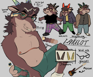 2_horns anthro bass_guitar clothed clothing eyewear fully_clothed glasses guitar horn male mastectomy_scar musical_instrument nipples plucked_string_instrument scar smile solo string_instrument tail text topless videonastyz bovid caprine goat mammal character_name english_text hi_res model_sheet trans_(lore) trans_man_(lore)