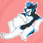 abdominal_bulge anthro belly black_body black_fur blue_body blue_fur blue_nose claws feet fur green_eyes male multicolored_body multicolored_fur pecs simple_background smile solo teeth tongue tongue_out vore white_body white_fur graros leo_(thetwfz) canid canine canis mammal wolf 1:1 2016 hi_res