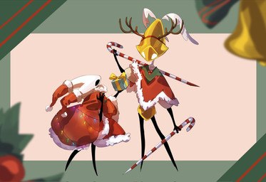 2_horns 4_fingers ambiguous_gender biped black_arms black_eyes black_legs christmas_clothing christmas_headwear cloak clothed clothing duo empty_eyes fingers gift hat headgear headwear holding_gift holding_melee_weapon holding_object holding_weapon holidays horn looking_at_another melee_weapon red_cloak red_clothing santa_hat standing weapon white_eyes yellow_body oxide_cat christmas hollow_knight:_silksong hollow_knight_(franchise) team_cherry hornet_(hollow_knight) second_sentinel arthropod 2025 hi_res