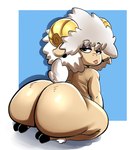 anthro big_butt butt butt_focus ear_piercing ear_ring femboy fur hair half-closed_eyes hooved_toes hooves horn kneeling male narrowed_eyes nude piercing presenting presenting_hindquarters rear_view ring_piercing slightly_chubby slightly_chubby_male solo tail tan_body teapot_(body_type) thick_thighs tongue tongue_out white_hair wide_hips wool_(fur) wool_hair unknown_artist ewegene_(pillothestar) bighorn_sheep bovid caprine mammal sheep hi_res