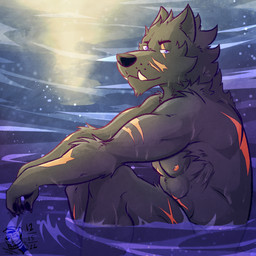 abs anthro armpit_hair athletic athletic_anthro athletic_male biped body_hair claws facial_scar finger_claws fur grey_body grey_fur looking_at_viewer male nipples nude partially_submerged purple_eyes scar scars_all_over solo water wet wet_body wet_fur ventkazemaru elden_ring fromsoftware blaidd_(elden_ring) canid canine canis mammal wolf 1:1 2022 digital_media_(artwork) hi_res