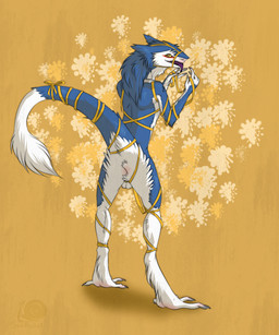 accessory anthro backsack balls bdsm biped blue_body blue_fur blue_hair bondage bound bow_(feature) bow_accessory bow_ribbon butt fur furgonomics genitals gift gift_wrapped hair looking_at_viewer male raised_tail ribbon_bondage ribbons smile solo submissive submissive_male tail tail_accessory tail_bow tail_ribbon tongue sidgi markus_(dowantanaccount) mammal sergal 5:6 hi_res