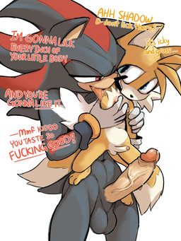 2_tails abs age_difference anthro armpit_fetish armpit_lick armpit_play balls big_penis black_body blue_eyes bodily_fluids carrying_another carrying_partner dialogue dipstick_tail dominant duo erect_nipples fluffy fluffy_chest foreskin genital_fluids genitals humanoid_genitalia humanoid_penis imminent_sex larger_dom larger_male leaking_precum licking male male/male markings multi_tail navel nipples orange_body penis penis_size_difference precum questionable_consent red_body red_eyes retracted_foreskin saliva saliva_on_tongue sex simple_background size_difference small_balls small_penis smaller_male stand_and_carry_position standing standing_sex tail tail_markings text tongue vein veiny_penis white_background young young_male anitwenty sega sonic_the_hedgehog_(series) miles_prower shadow_the_hedgehog canid canine eulipotyphlan fox hedgehog mammal 2026 digital_drawing_(artwork) digital_media_(artwork) english_text hi_res