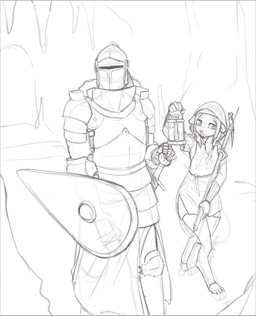 4_toes 5_fingers anthro armor bodily_fluids cave clothed clothing duo feet female fingers full_armor fully_clothed hair headgear helmet hood knight lamp lantern male melee_weapon nervous nervous_sweat shield standing sweat sword toes walking warrior weapon deadmimicked mammal mouse murid murine rodent 2021 greyscale guide_lines monochrome sketch