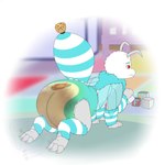 antennae_(anatomy) anthro arm_tuft big_diaper blue_body bodily_fluids claws clothed clothing crawling diaper excessive_feces feces feet frown genital_fluids hyper hyper_feces hyper_soiling leg_tuft looking_back male neck_tuft red_eyes simple_background soiled soiled_diaper soiling solo stripes talons toes toy_block tuft unclean_diaper urine used_diaper wearing_diaper wet_diaper white_body wings young fennecat arthropod bee hymenopteran insect 1:1 absurd_res hi_res watermark