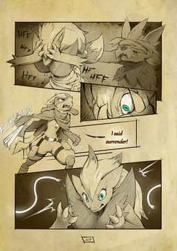anthro biped chest_spike claws dialogue eyelashes female female_anthro fur green_eyes hair imminent_fight inside long_hair male male_anthro page_number red_eyes red_tattoo spikes spikes_(anatomy) tail tattoo text truescorn nintendo pokemon pokemon_mystery_dungeon spike_chunsoft asche_(truescorn) clarity_(truescorn) snuff_(truescorn) generation_4_pokemon generation_5_pokemon herdier lucario pokemon_(species) weavile zoroark 2026 absurd_res colored comic english_text hi_res huge_filesize