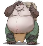 anthro bag belly big_belly blush brown_body brown_fur claws clothed clothing cute_fangs fangs fur hand_on_head holding_object male navel obese obese_anthro obese_male one_eye_closed overweight overweight_anthro overweight_male simple_background solo standing teeth thick_thighs toe_claws topless white_background pukkunnnn bear brown_bear mammal ursine