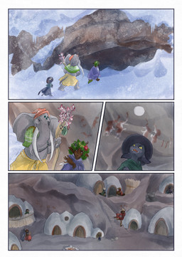 ambiguous_gender anthro biped black_body black_fur black_tail cave cave_painting clothed clothing day female fur grey_body group hat headgear headwear holding_object humanoid_pointy_ears male outside plant pointy_ears proboscis_(anatomy) snow snowing tail trunk_(anatomy) bjekkergauken imbali_(bjekkergauken) isilo_(bjekkergauken) elephant elephantid humanoid mammal proboscidean unknown_species 2025 comic hi_res