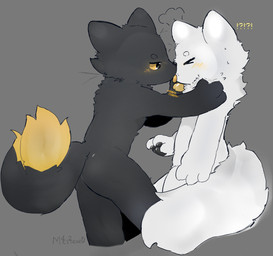 3_fingers >_< ambiguous/ambiguous ambiguous_gender anthro big_tail biped black_body black_eyebrows black_fur black_nose black_pawpads blep blush cheek_tuft confusion curled_tail dipstick_tail duo exclamation_point eyebrows eyes_closed facial_tuft fingers fluffy fluffy_tail fur grabbing_another grabbing_face grey_background handpaw head_tuft holding_another kissing looking_at_another love markings orange_sclera pawpads paws question_mark simple_background snout standing surprise_kiss tail tail_markings text tongue tongue_out tuft white_body white_eyebrows white_fur yellow_blush yellow_pawpads yellow_tail_tip yellow_tongue minecraftsteve42069 casualties:_unknown gunsaw canid canine expie_(gunsawian) gunsawian mammal milky_(gunsawian) artist_name digital_drawing_(artwork) digital_media_(artwork) hi_res shaded signature watermark
