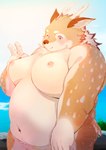 anthro antlers belly blue_eyes blush brown_body brown_fur fupa fur horn male markings moobs navel nipples nude overweight solo spots spotted_body spotted_fur reee_activity tamacolle kazusa absurd_res hi_res