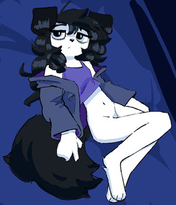 anthro black_body black_fur black_hair black_nose blouse bottomless clothed clothing digitigrade eye_bags feet female female_anthro floppy_ears fluffy fluffy_tail fur hair jacket looking_at_viewer lying navel open_clothing open_jacket open_topwear shirt solo tail thin_calves thin_legs thin_thighs topwear topwear_only white_body white_fur virteil minna_(virteil) canid canine canis domestic_dog mammal