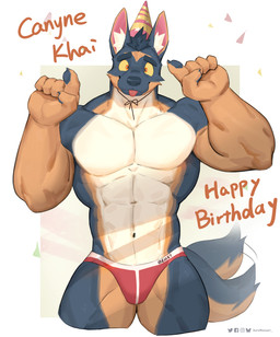 5_fingers abs amber_eyes anthro big_muscles biped black_body black_claws black_eyebrows black_fur blep bluesky_logo brown_body brown_countershading brown_fur claws clothed clothed_anthro clothed_male clothing confetti countershade_fur countershade_legs countershade_neck countershade_tail countershade_torso countershading eyebrows facebook_logo finger_claws fingers front_view fur happy_birthday hat headgear headwear inner_ear_fluff instagram_logo jockstrap jockstrap_only looking_at_viewer male motion_lines multicolored_body multicolored_clothing multicolored_fur multicolored_underwear muscular muscular_anthro muscular_male navel party_hat pecs pink_inner_ear pupils raised_arms red_clothing red_jockstrap red_tongue red_underwear simple_background smile smiling_at_viewer snout solo tail tail_motion tailwag tan_body tan_fur text text_on_jockstrap thick_eyebrows tongue tongue_out topless topless_anthro topless_male tuft twitter_logo two_tone_clothing two_tone_underwear underwear underwear_only white_background white_body white_clothing white_countershading white_fur white_inner_ear_fluff white_jockstrap white_underwear yellow_sclera kuromonsart bluesky_(social_media) facebook instagram twitter canyne_khai_(character) canid canine canis domestic_dog german_shepherd herding_dog mammal pastoral_dog 2024 absurd_res artist_name character_name colored dated digital_drawing_(artwork) digital_media_(artwork) english_text hi_res portrait three-quarter_portrait