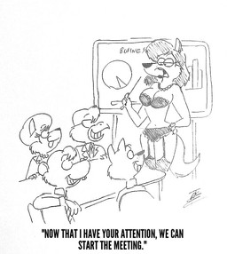 anthro bra breasts chair chart clothing dialogue female furniture garter_belt garter_straps group humor jewelry legwear lingerie lipstick makeup male necklace necktie office panties stockings suit table text underwear rockytoonzcomics avian bird canid canine canis fox mammal mouse murid murine rodent wolf english_text monochrome