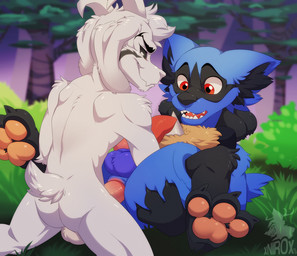 3_toes anal anal_penetration animal_genitalia animal_penis anthro backsack balls canine_genitalia canine_penis darkened_balls darkened_genitalia duo erection feet genitals interspecies lying male male/male male_penetrated male_penetrating male_penetrating_male on_back paws penetration penis red_eyes sex toes wide_eyed conditional_dnp xnirox nintendo pokemon undertale undertale_(series) asriel_dreemurr_(god_form) boss_monster_(undertale) bovid caprine generation_4_pokemon lucario mammal pokemon_(species) 2018 crossover